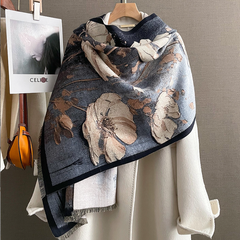 LA FERANI Cashmere Scarf 180x60 orchids flowers beige black Wool Business Style Shawl Wrap Pashmina S63