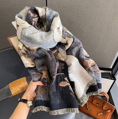 LA FERANI Cashmere Scarf 180x60 orchids flowers beige black Wool Business Style Shawl Wrap Pashmina S63