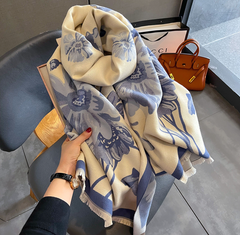 LA FERANI Cashmere Scarf 180x60 flowers beige blue Wool Business Style Shawl Wrap Pashmina S65