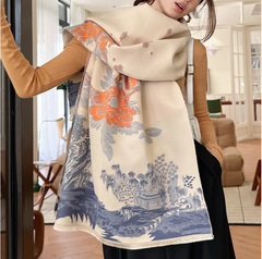 Cashmere Scarf 185x65 flowers Beige Asian Style Wool Business Style Shawl Wrap Pashmina S67