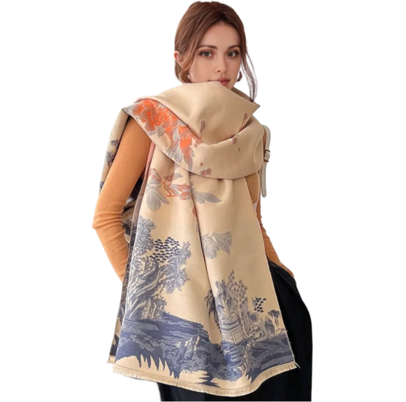 Cashmere Scarf 185x65 flowers Beige Asian Style Wool Business Style Shawl Wrap Pashmina S67