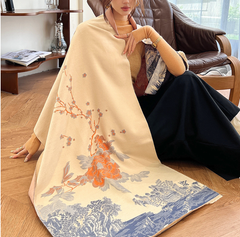 Cashmere Scarf 185x65 flowers Beige Asian Style Wool Business Style Shawl Wrap Pashmina S67