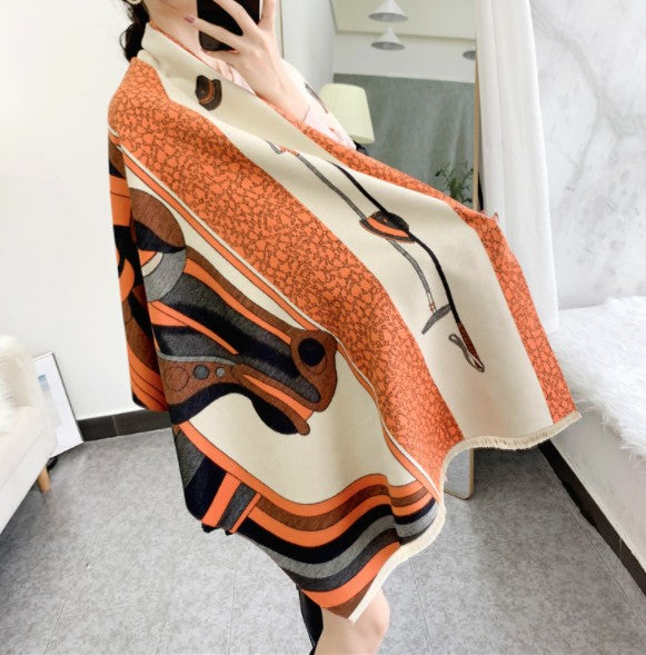 LA FERANI Cashmere Scarf 180x65 Orange Horse Print Wool Shawl Wrap Stole Pashmina S7