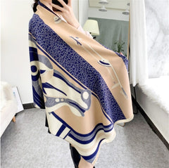 LA FERANI Cashmere Scarf 180x65 Blue Horse Print Wool Shawl Wrap Stole Pashmina S7