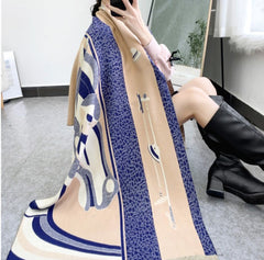 LA FERANI Cashmere Scarf 180x65 Blue Horse Print Wool Shawl Wrap Stole Pashmina S7
