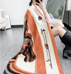 LA FERANI Cashmere Scarf 180x65 Orange Horse Print Wool Shawl Wrap Stole Pashmina S7