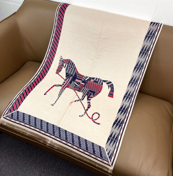 LA FERANI Cashmere Scarf 180x65 Beige Horse Print Wool Shawl Wrap Stole Pashmina S8