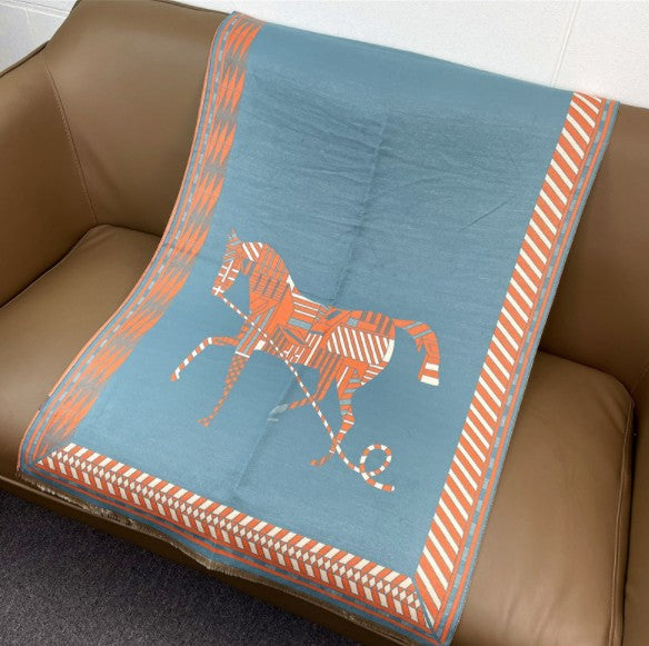 LA FERANI Cashmere Scarf 180x65 Blue Horse Print Wool Shawl Wrap Stole Pashmina S8