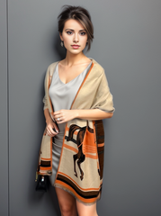 Cashmere Scarf 180x65 Orange Horse Print Wool Shawl Wrap Stole Pashmina N99