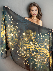 180x90 Silk Scarf Green Yellow Flowers Summer Silk Stole Style Foulard Shawl N285