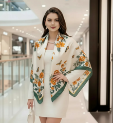 110x110 Seidentuch Seidenschal weiß Blumen Asian Stil klassisch Y5